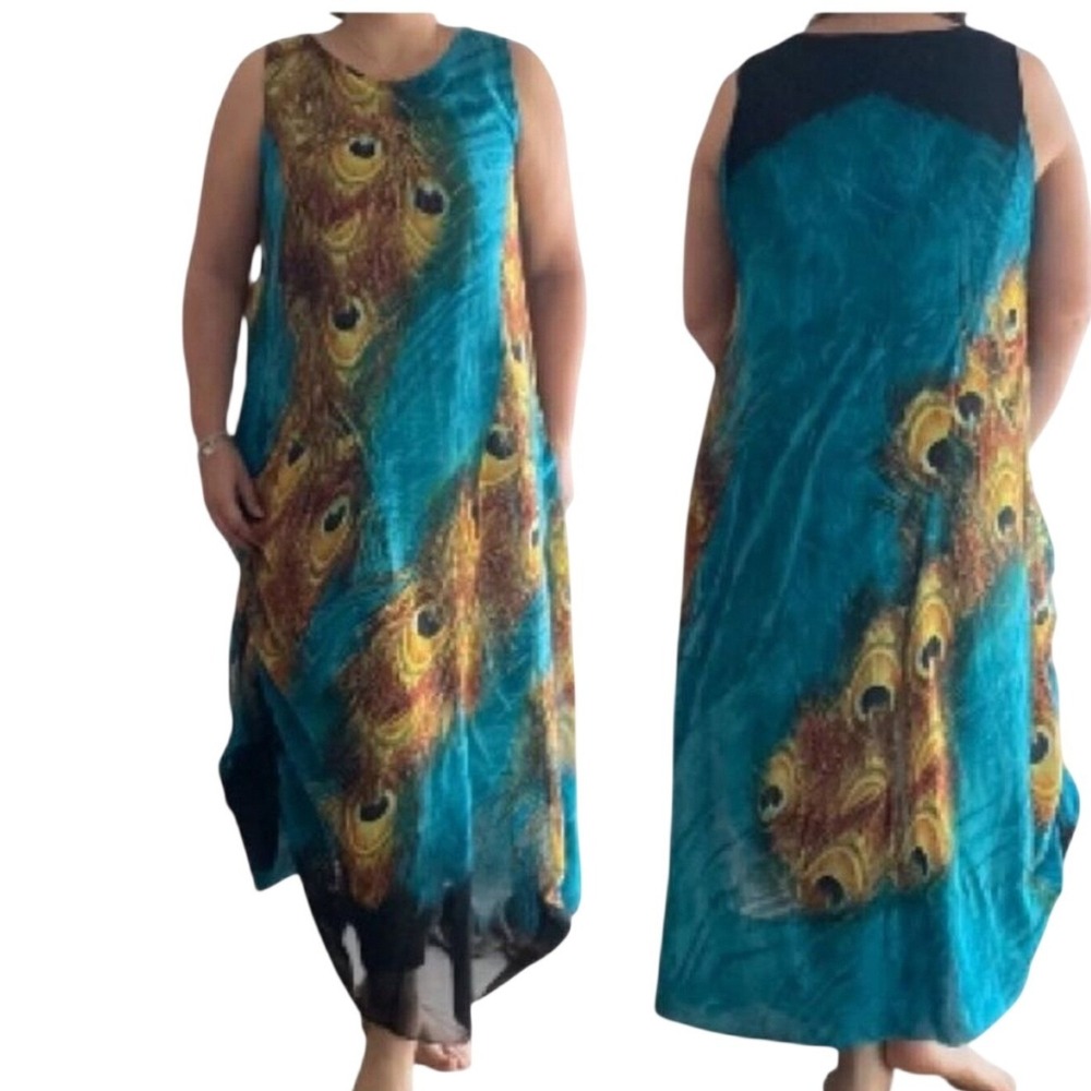 New Wantdo Secret Peacock Sleeveless Maxi Dress 3XL Bohemian Resort Wear Flowy